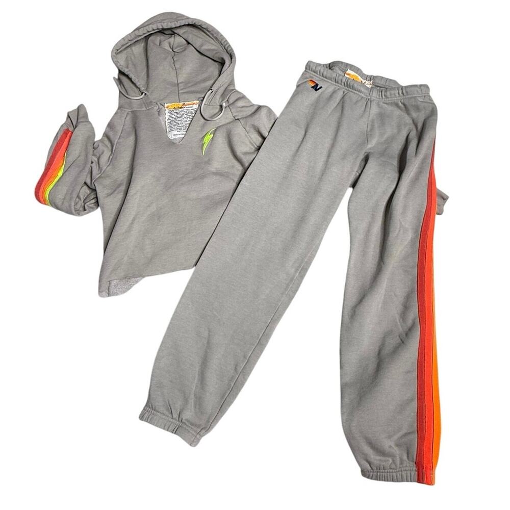 Aviator Nation Gray Hoodie & Sweatpants Set with Red-Orange Stripe